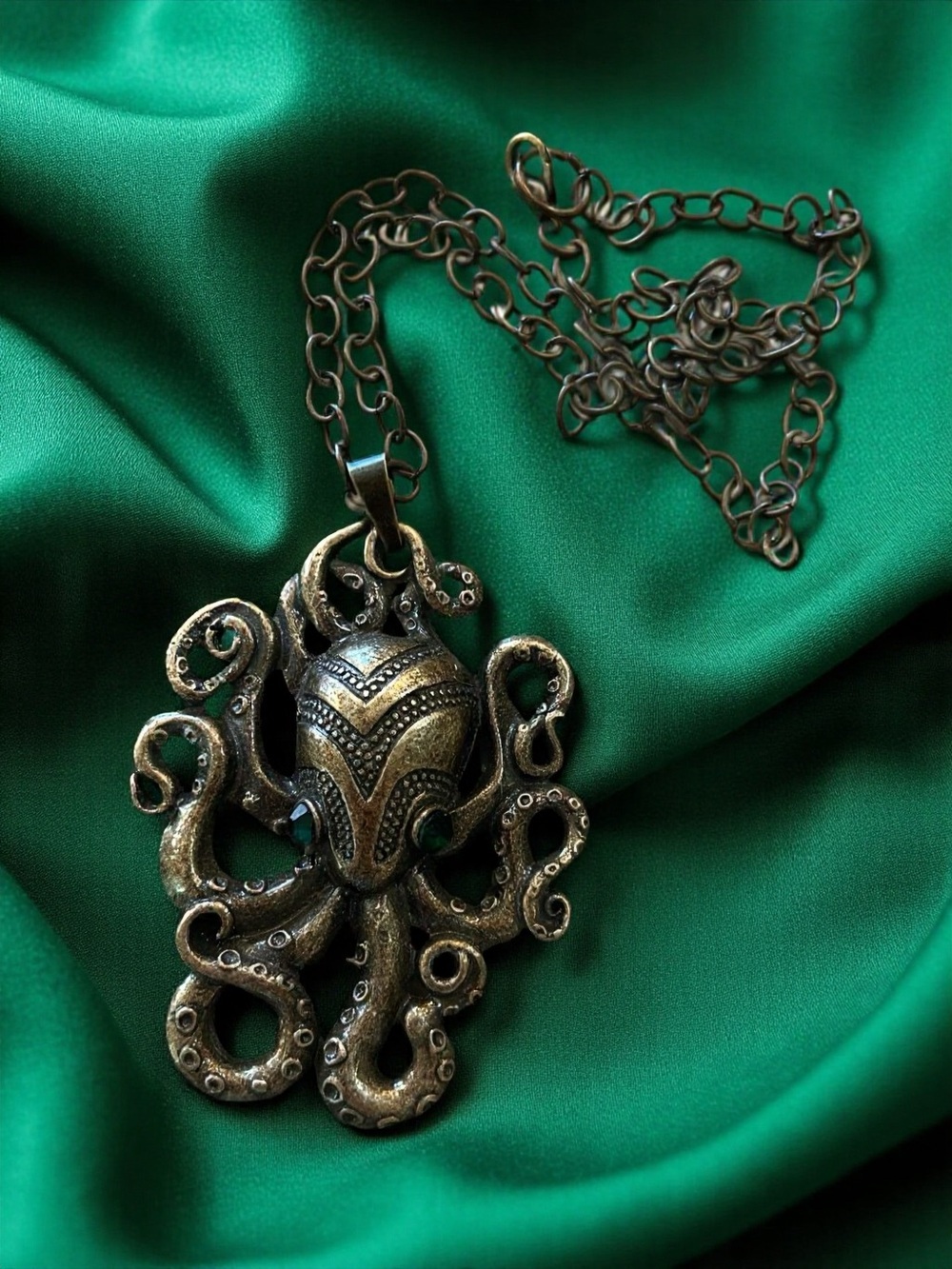Bronze Octopus/Kraken Pendant Necklace with Green Accent Eyes - Picture 12 of 17
